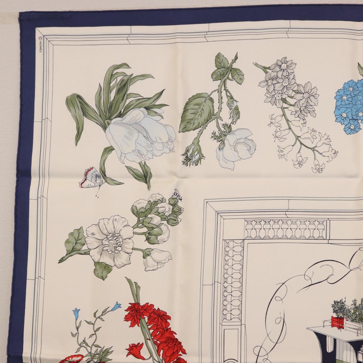 HERMES Carre 90 Scarf ""Quai aux Fleurs"" Silk Blue White Auth 186912M