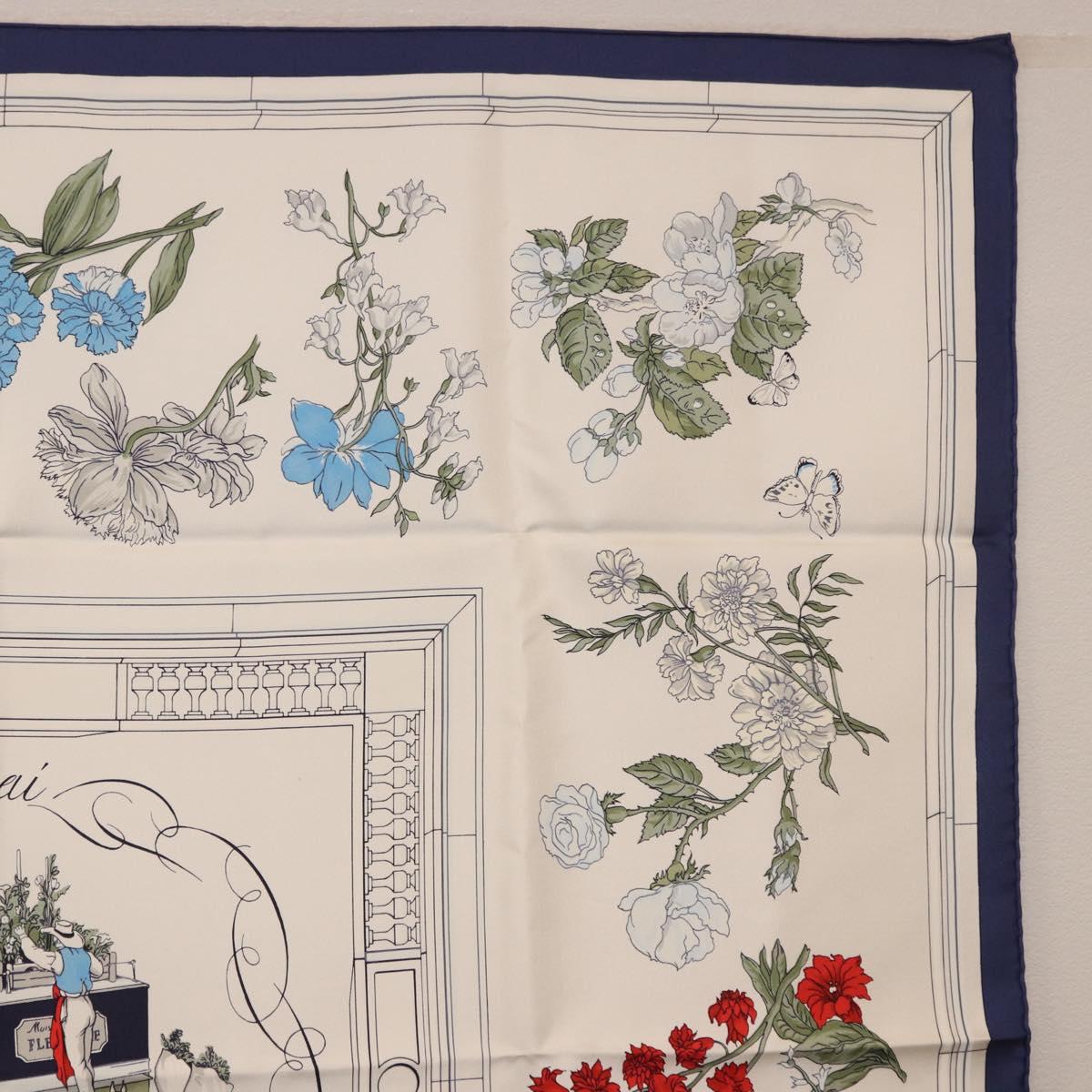 HERMES Carre 90 Scarf ""Quai aux Fleurs"" Silk Blue White Auth 186912M