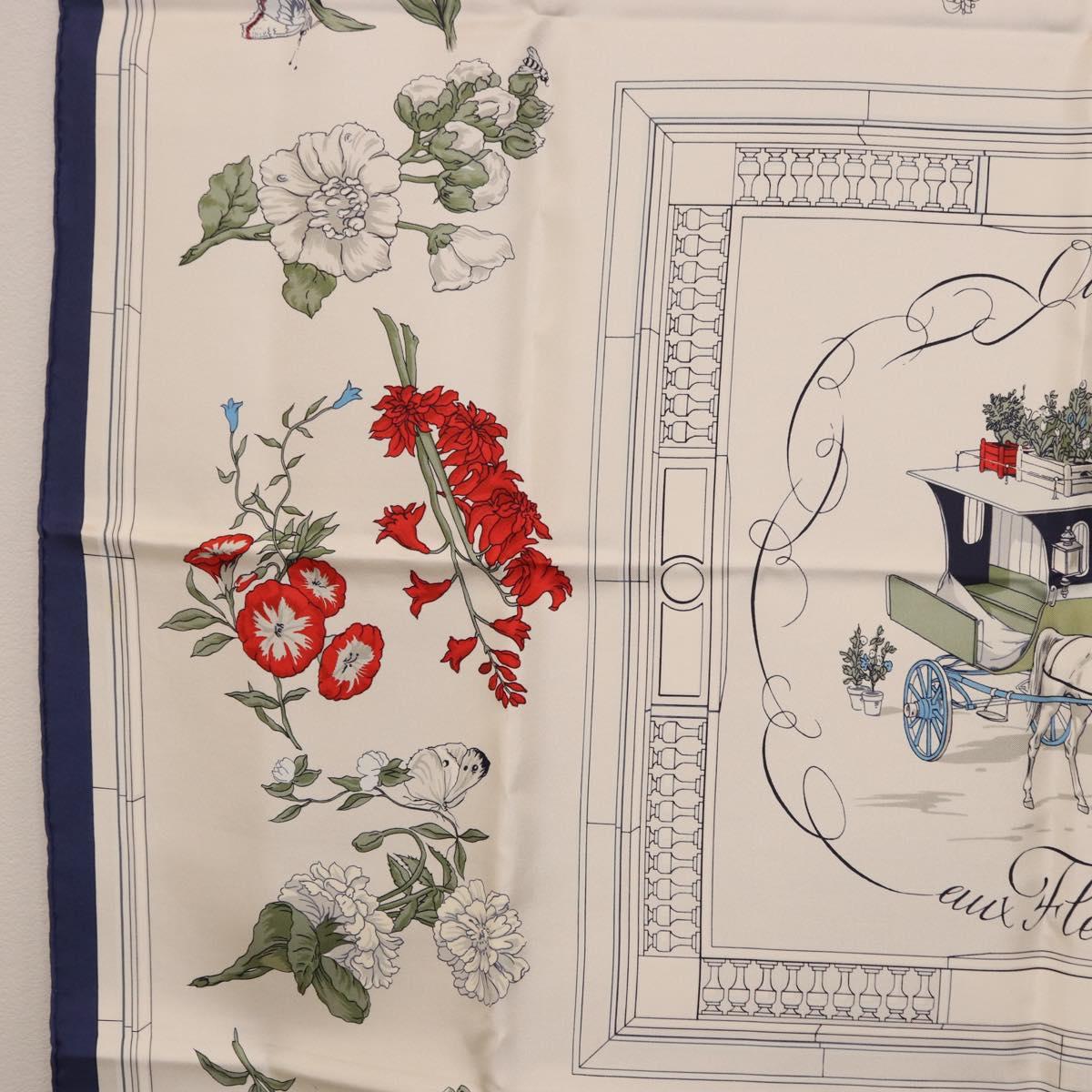 HERMES Carre 90 Scarf ""Quai aux Fleurs"" Silk Blue White Auth 186912M