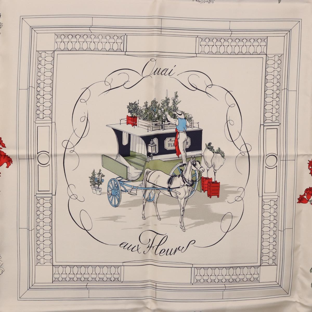 HERMES Carre 90 Scarf ""Quai aux Fleurs"" Silk Blue White Auth 186912M