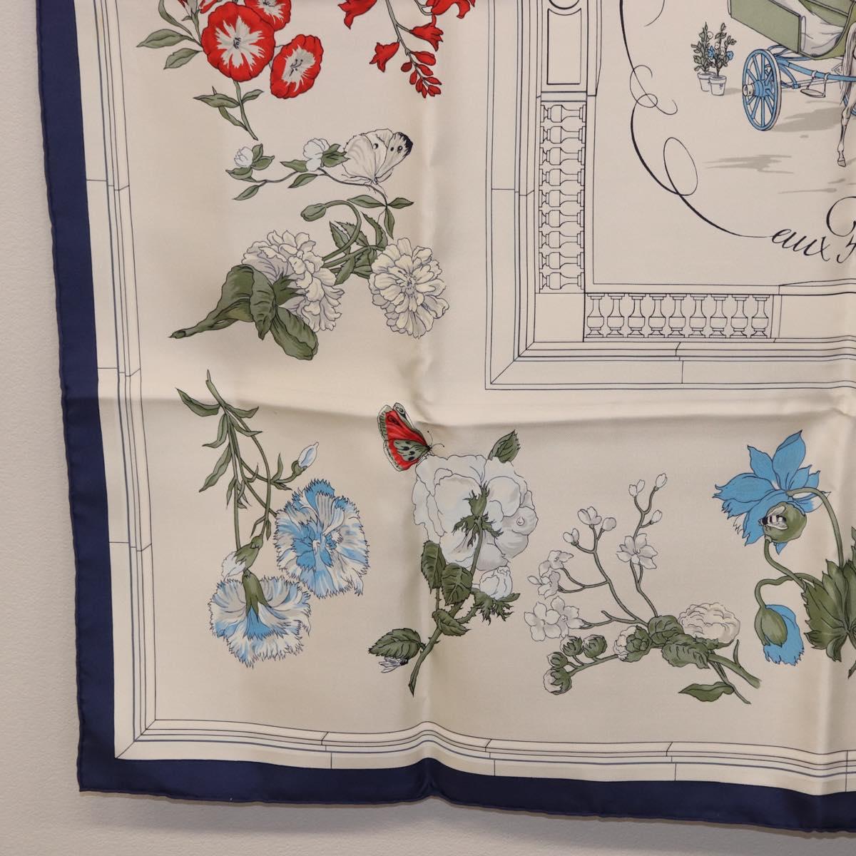 HERMES Carre 90 Scarf ""Quai aux Fleurs"" Silk Blue White Auth 186912M