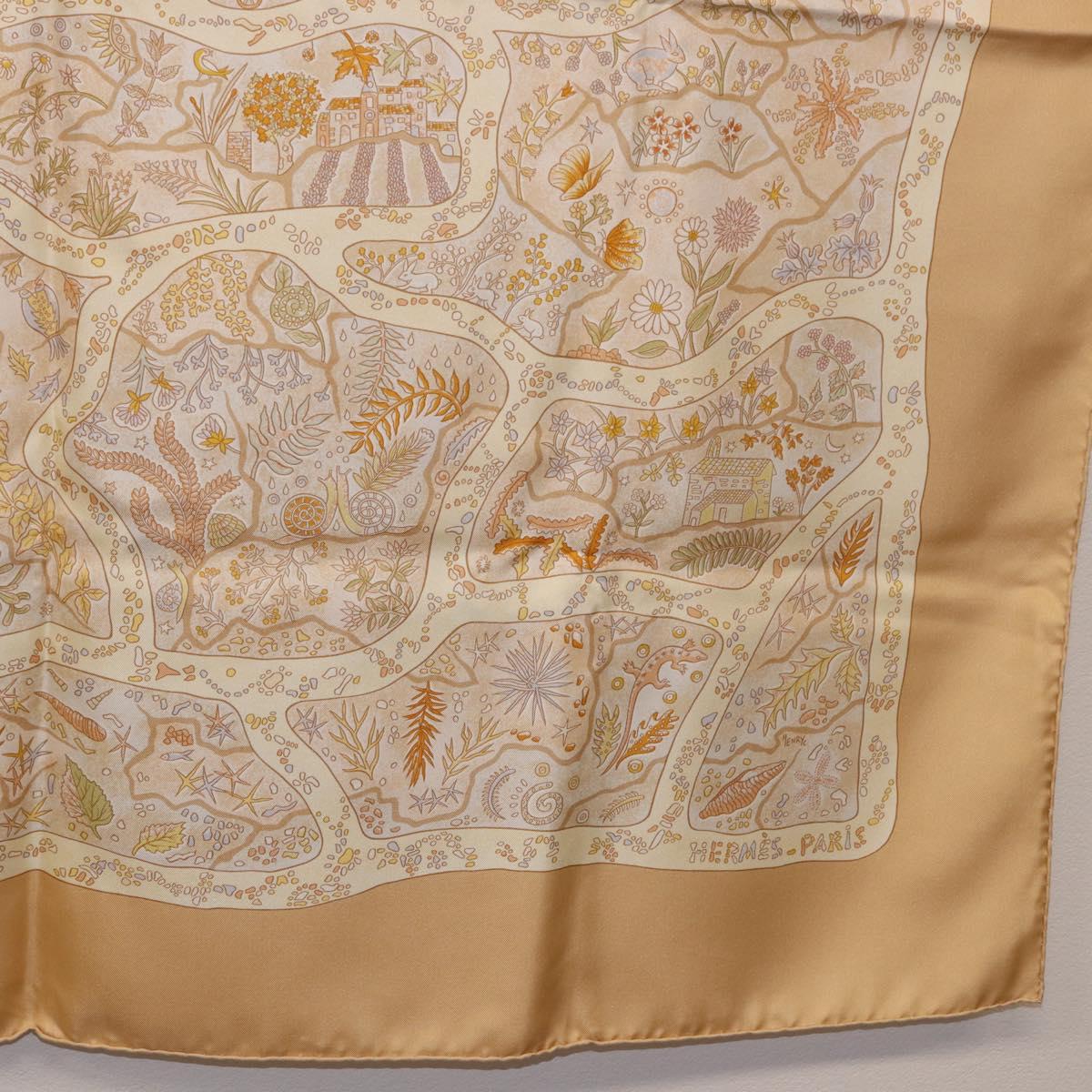 HERMES Carre 90 Scarf ""Chemins de Garrigue"" Silk Beige Yellow Auth 186915M