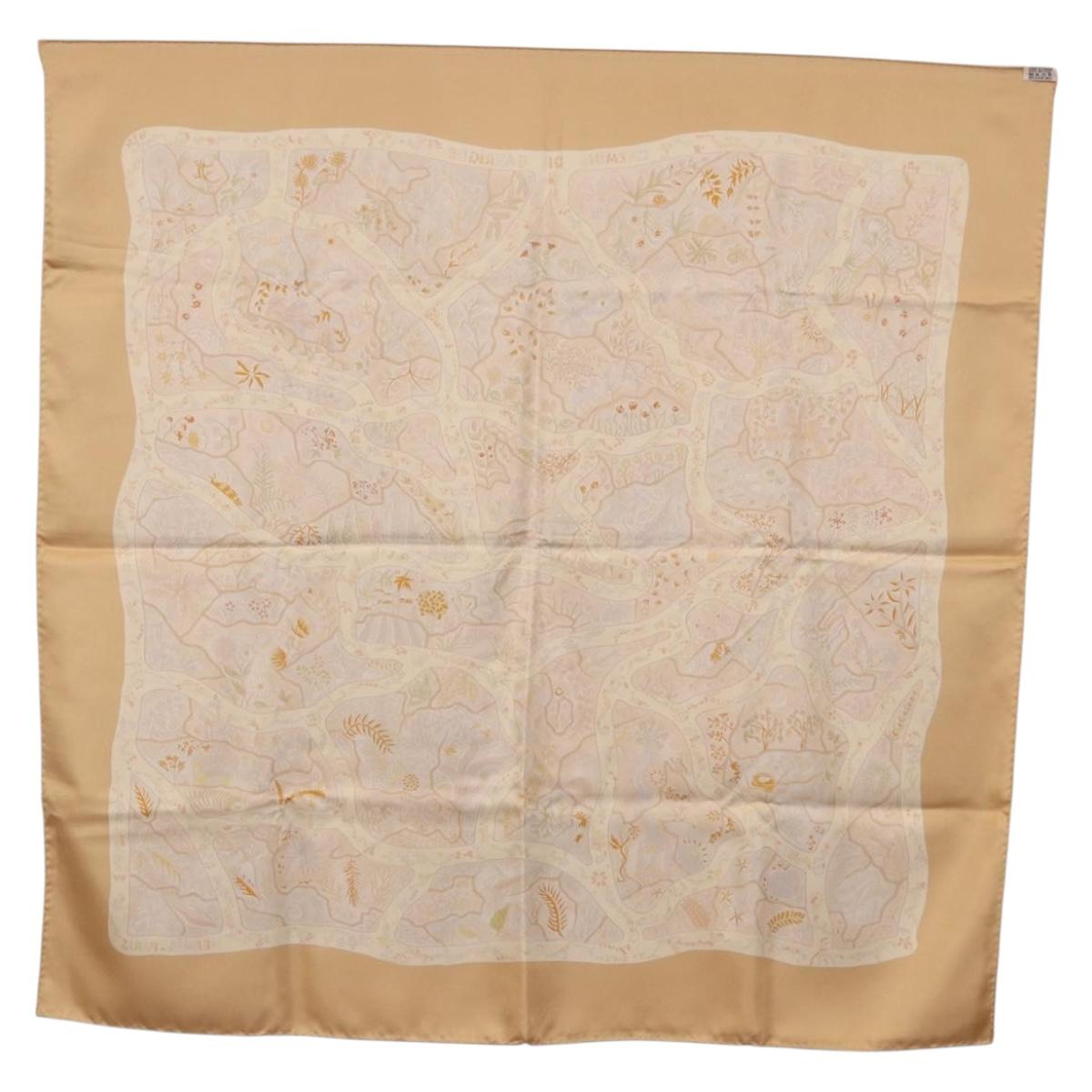 HERMES Carre 90 Scarf ""Chemins de Garrigue"" Silk Beige Yellow Auth 186915M