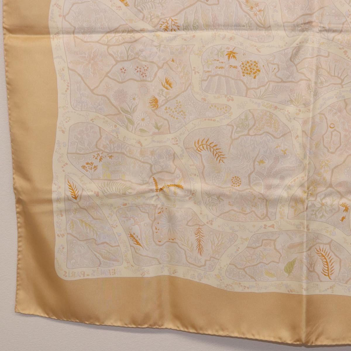 HERMES Carre 90 Scarf ""Chemins de Garrigue"" Silk Beige Yellow Auth 186915M