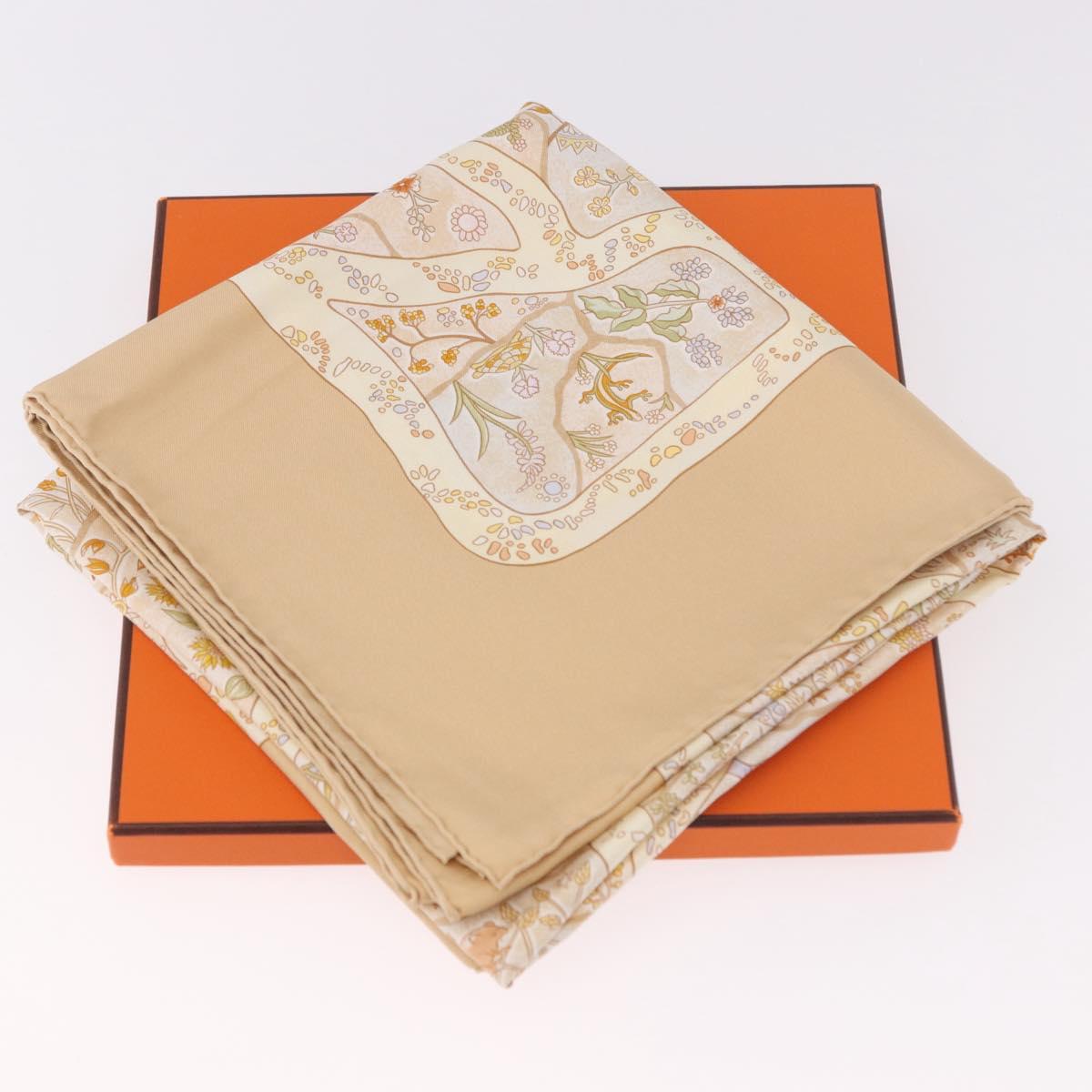 HERMES Carre 90 Scarf ""Chemins de Garrigue"" Silk Beige Yellow Auth 186915M