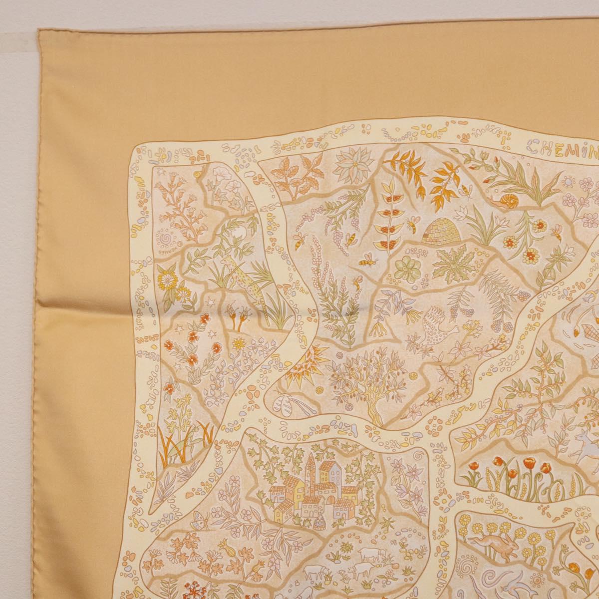 HERMES Carre 90 Scarf ""Chemins de Garrigue"" Silk Beige Yellow Auth 186915M