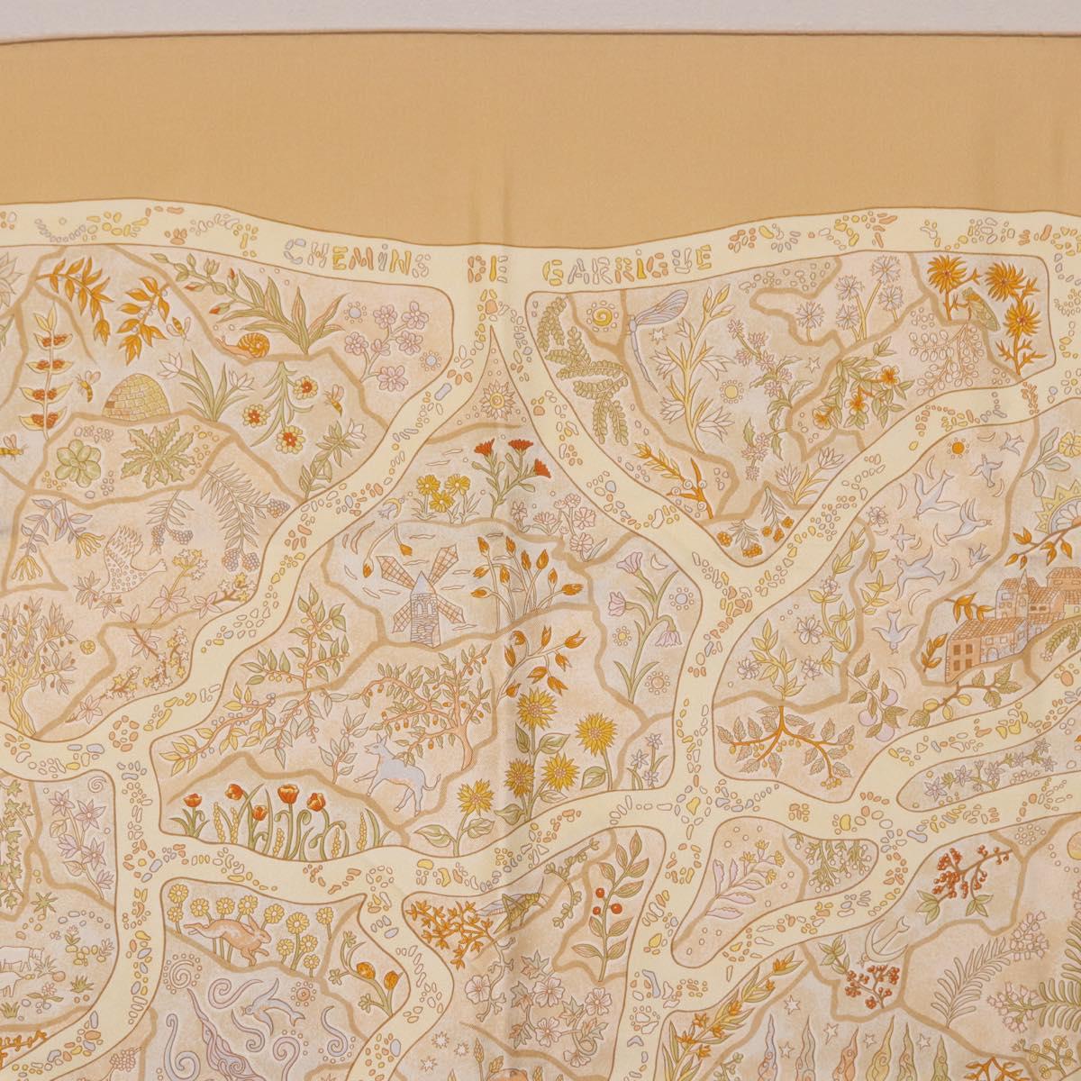 HERMES Carre 90 Scarf ""Chemins de Garrigue"" Silk Beige Yellow Auth 186915M