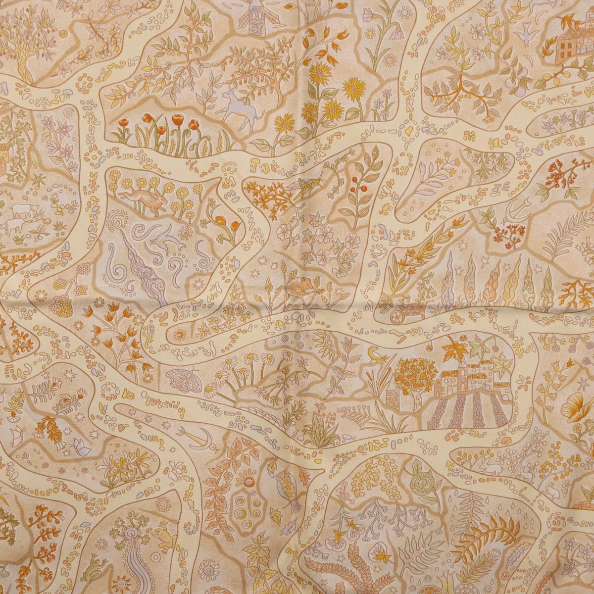 HERMES Carre 90 Scarf ""Chemins de Garrigue"" Silk Beige Yellow Auth 186915M