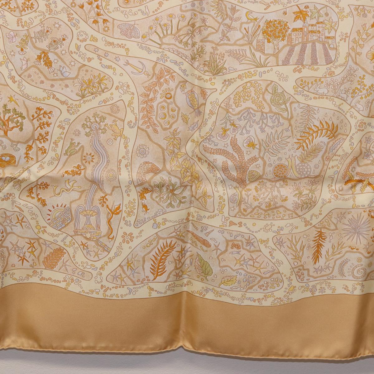 HERMES Carre 90 Scarf ""Chemins de Garrigue"" Silk Beige Yellow Auth 186915M