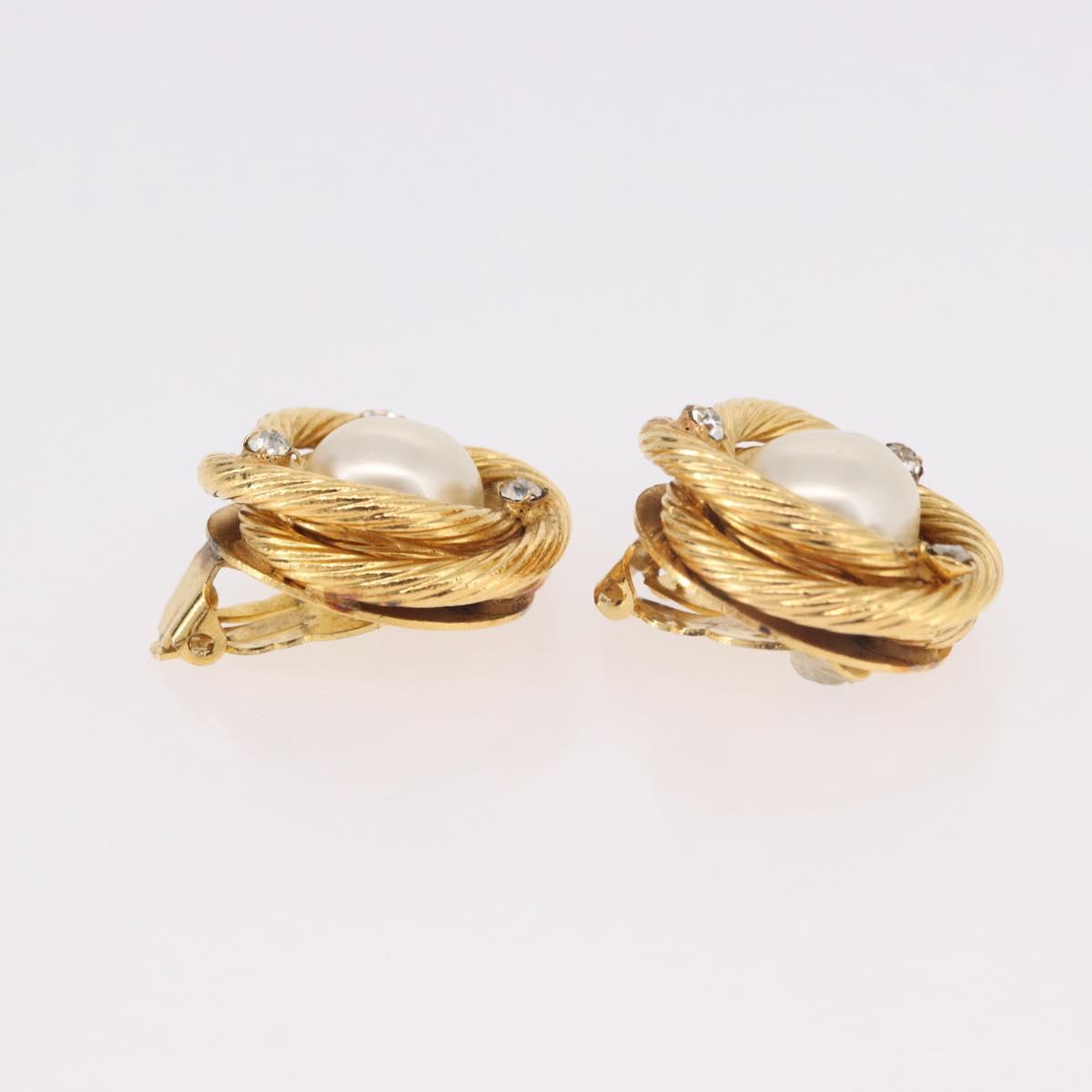 CHANEL Pearl Earring Metal Gold White CC Auth 186929