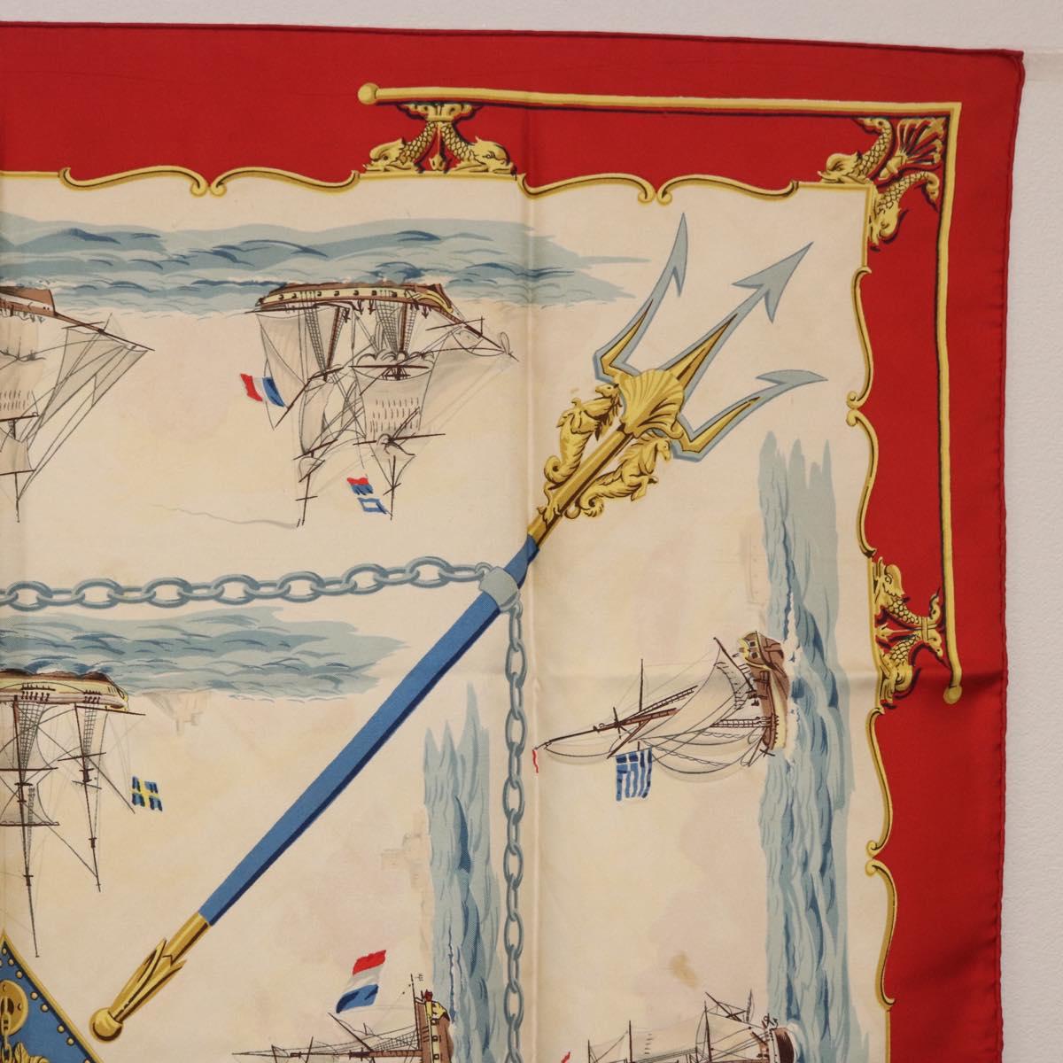HERMES Carre 90 Scarf Silk Beige Red Auth 186939
