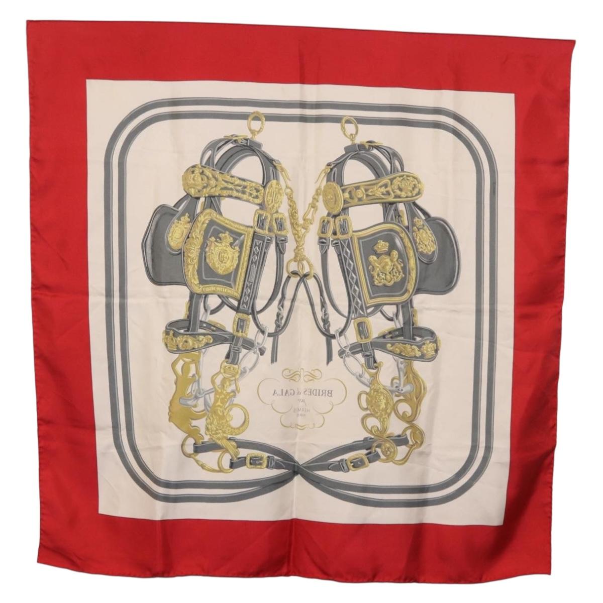 HERMES Carre 90 Scarf Silk Beige Red Auth 186940
