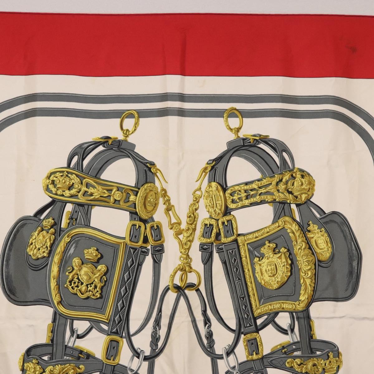 HERMES Carre 90 Scarf Silk Beige Red Auth 186940