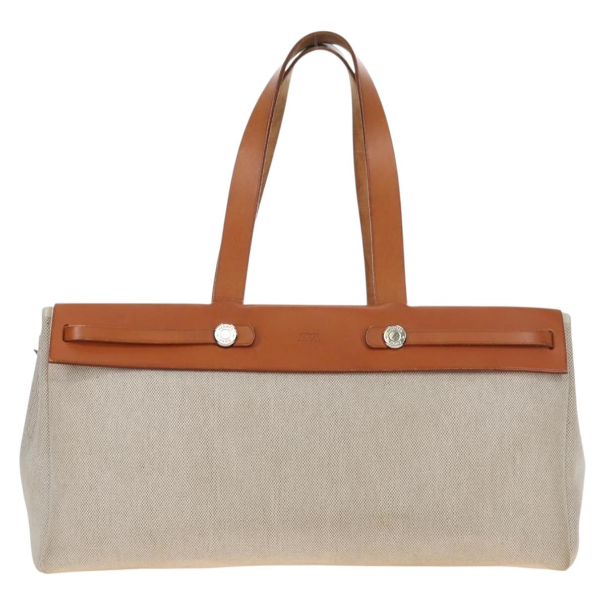 HERMES Her Bag Tote Bag Canvas Beige Brown Auth 186943V