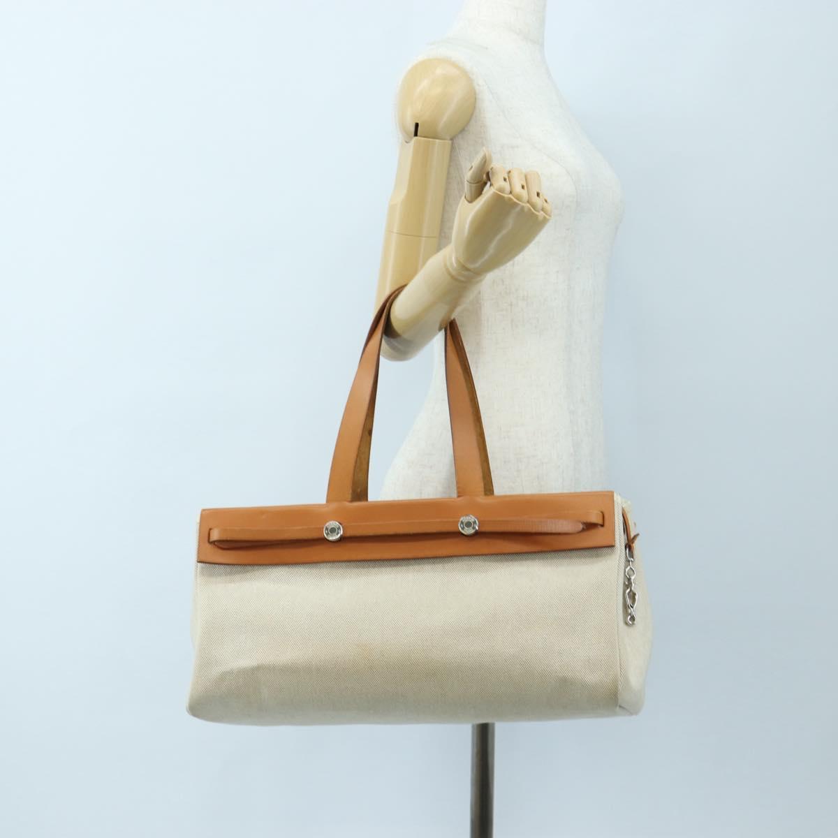 HERMES Her Bag Tote Bag Canvas Beige Brown Auth 186943V