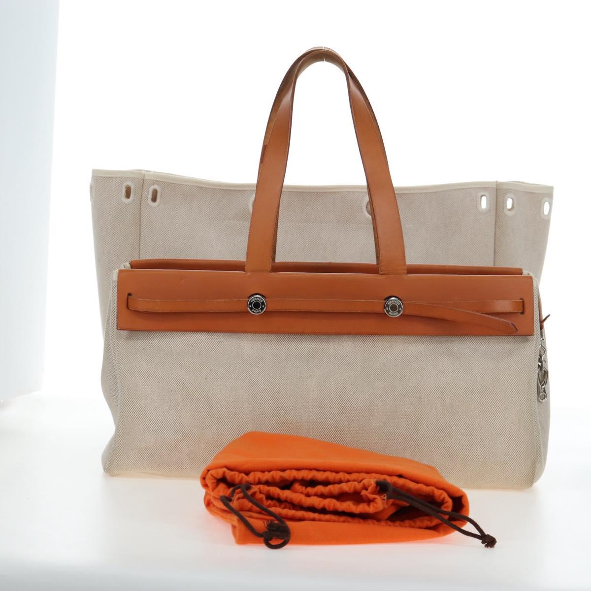 HERMES Her Bag Tote Bag Canvas Beige Brown Auth 186943V