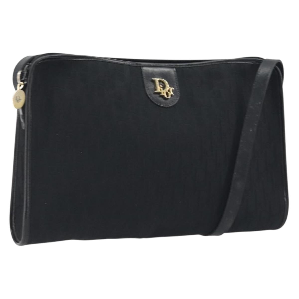 Christian Dior Trotter Canvas Shoulder Bag Black Gold Auth 186956