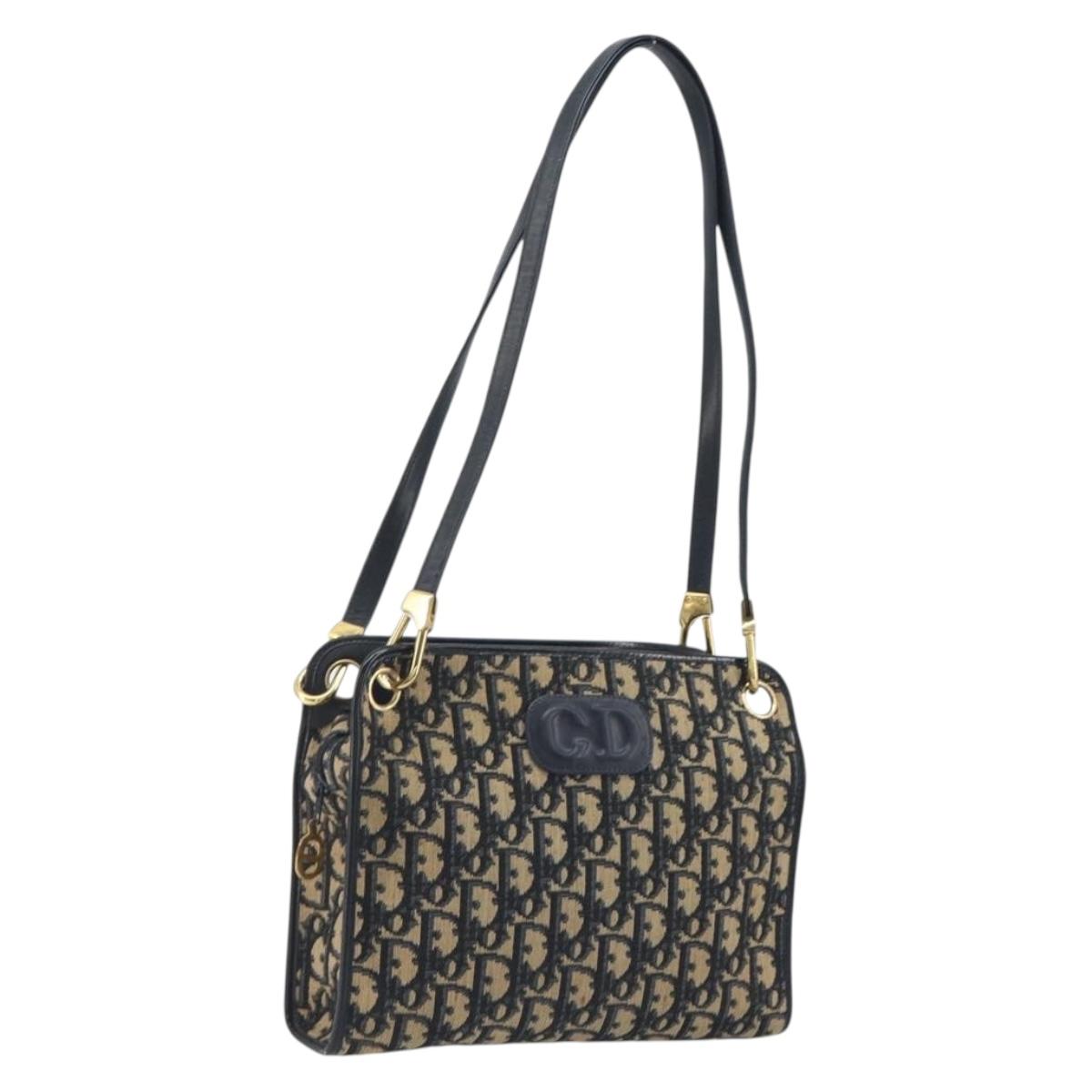 Christian Dior Trotter Canvas Shoulder Bag Navy Gold Auth 186959A