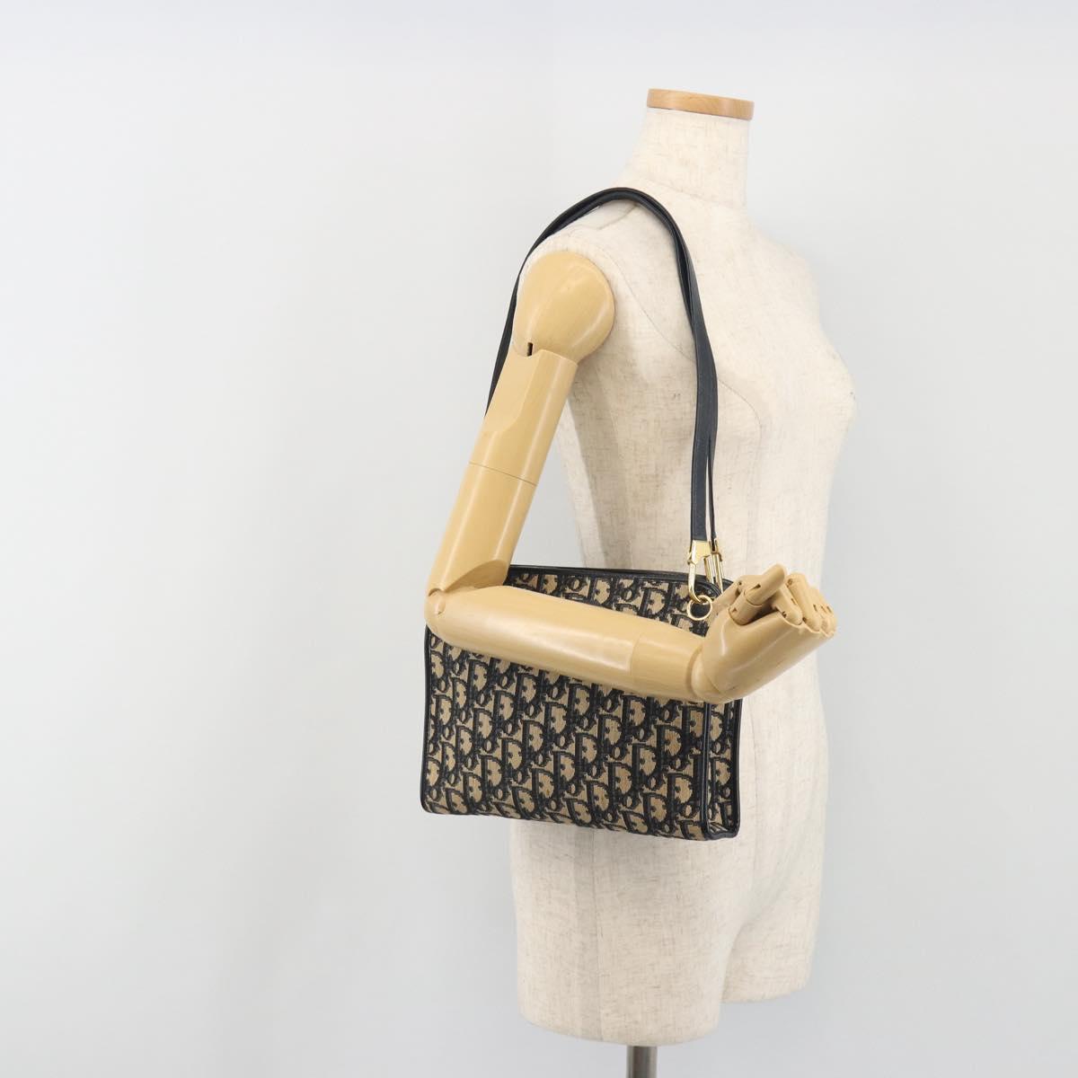 Christian Dior Trotter Canvas Shoulder Bag Navy Gold Auth 186959A