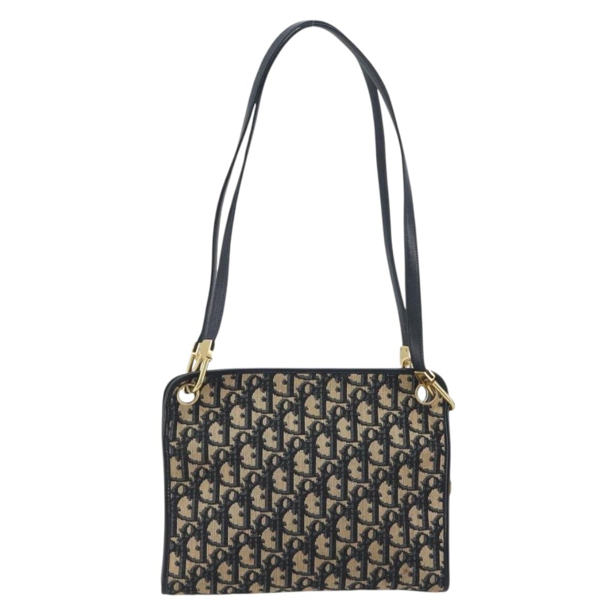 Christian Dior Trotter Canvas Shoulder Bag Navy Gold Auth 186959A