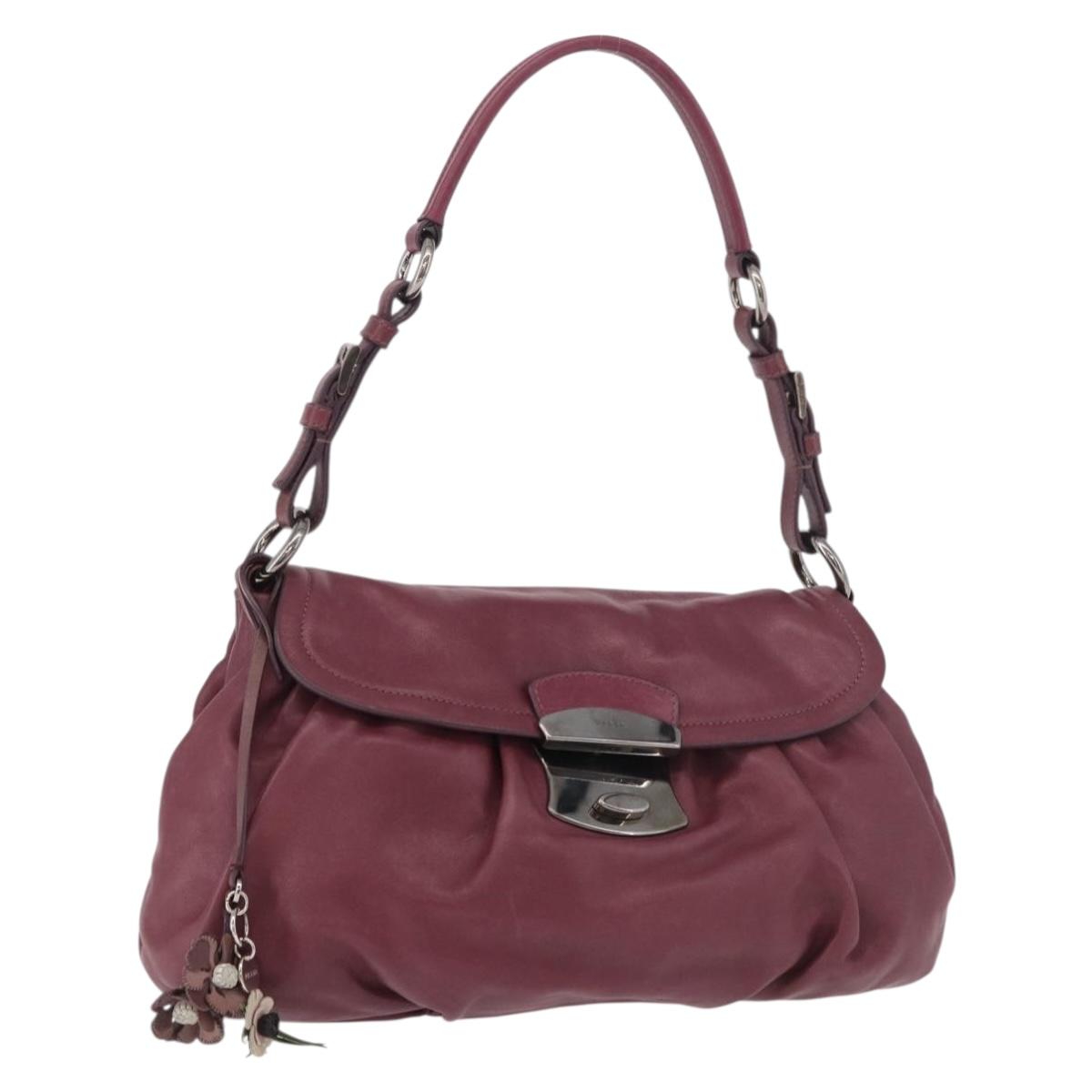 PRADA Shoulder Bag Leather Bordeaux Silver Auth 187025SAV