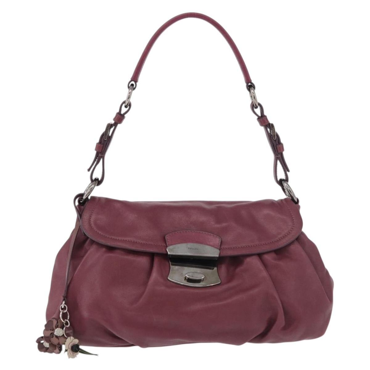 PRADA Shoulder Bag Leather Bordeaux Silver Auth 187025SAV
