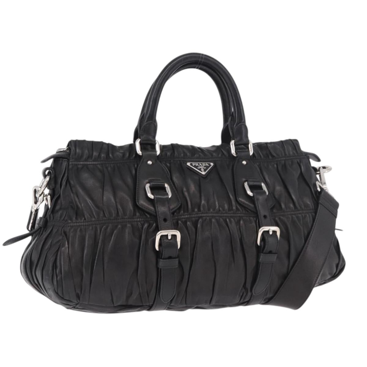 PRADA Gathered Hand Bag Lamb Skin 2way Black Silver Auth 187035SAV