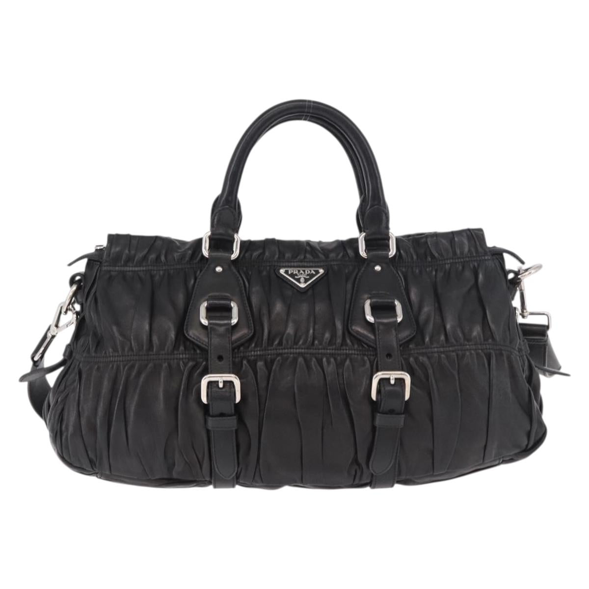 PRADA Gathered Hand Bag Lamb Skin 2way Black Silver Auth 187035SAV