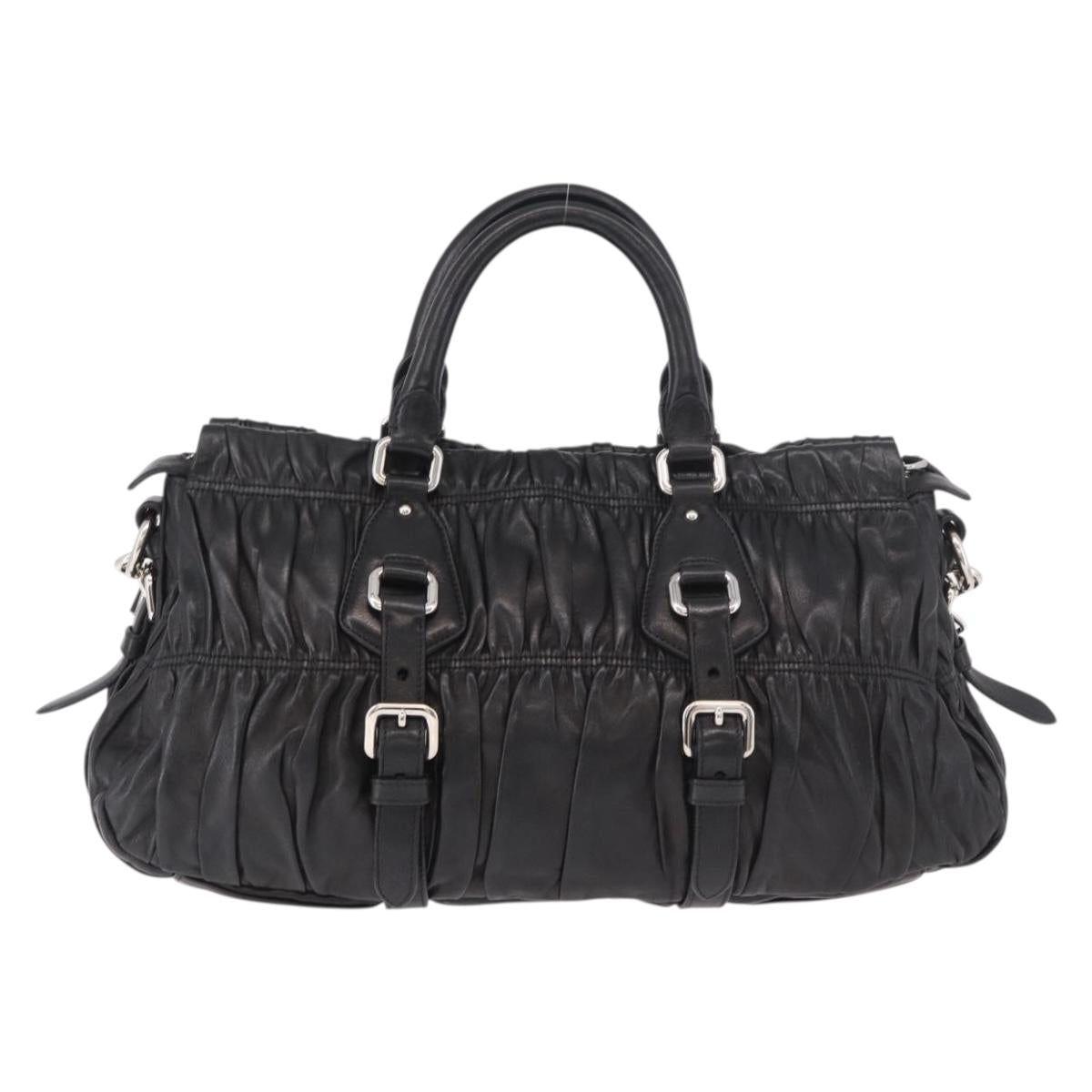 PRADA Gathered Hand Bag Lamb Skin 2way Black Silver Auth 187035SAV