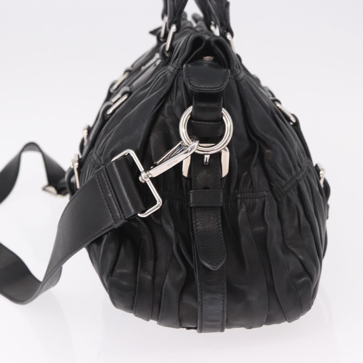 PRADA Gathered Hand Bag Lamb Skin 2way Black Silver Auth 187035SAV