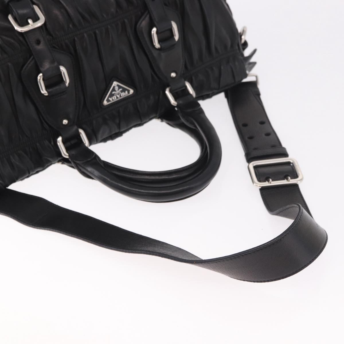 PRADA Gathered Hand Bag Lamb Skin 2way Black Silver Auth 187035SAV