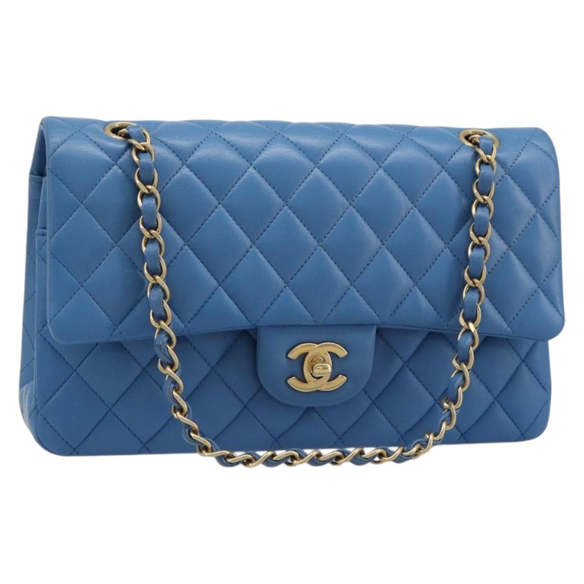 CHANEL Chain Double Flap Matelasse 25 Bag Lamb Skin Blue Gold CC Auth 187037SAM