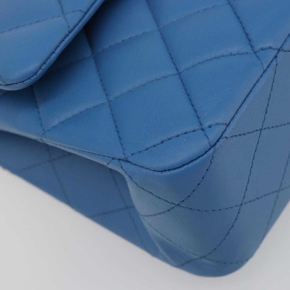 CHANEL Chain Double Flap Matelasse 25 Bag Lamb Skin Blue Gold CC Auth 187037SAM