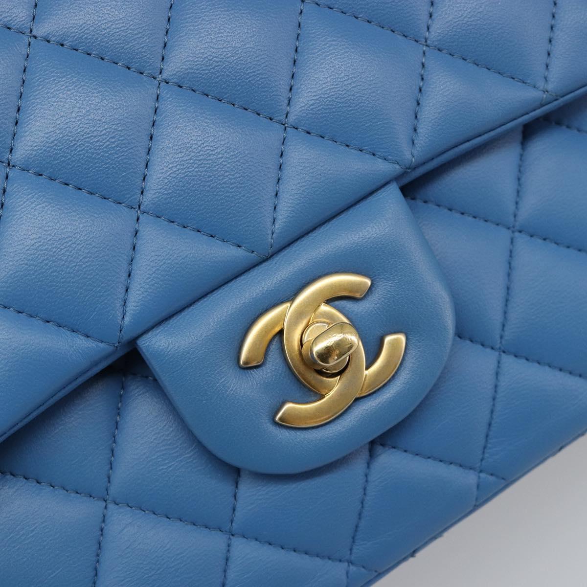 CHANEL Chain Double Flap Matelasse 25 Bag Lamb Skin Blue Gold CC Auth 187037SAM
