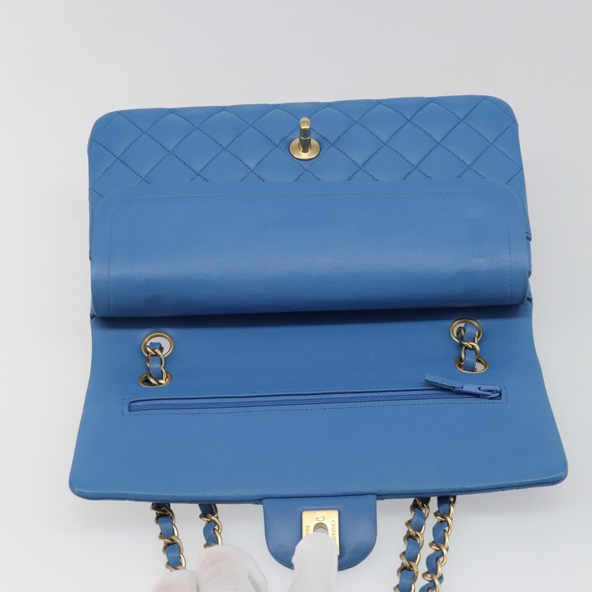 CHANEL Chain Double Flap Matelasse 25 Bag Lamb Skin Blue Gold CC Auth 187037SAM