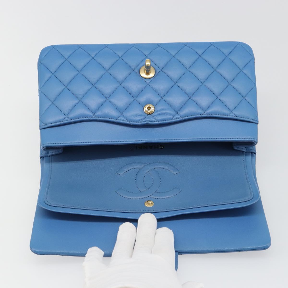 CHANEL Chain Double Flap Matelasse 25 Bag Lamb Skin Blue Gold CC Auth 187037SAM