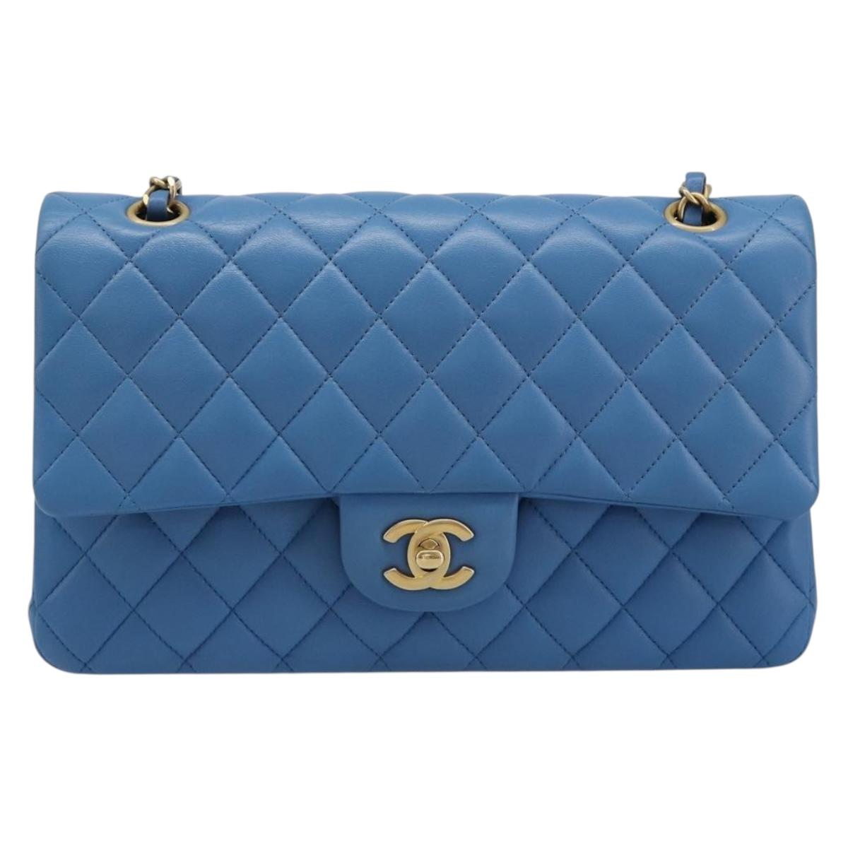CHANEL Chain Double Flap Matelasse 25 Bag Lamb Skin Blue Gold CC Auth 187037SAM
