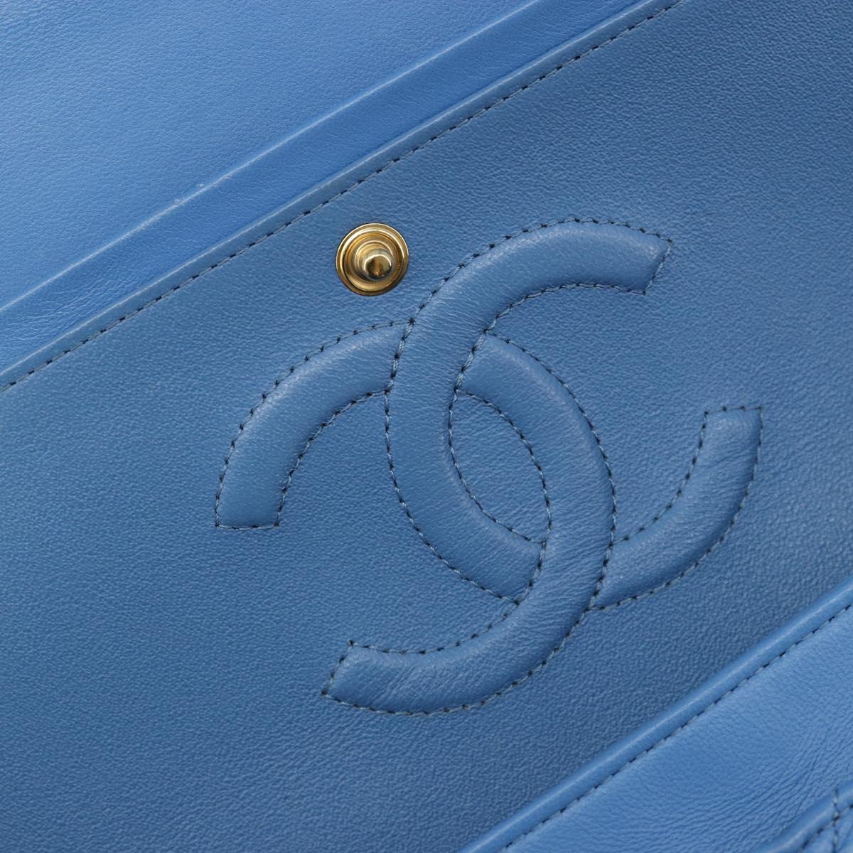 CHANEL Chain Double Flap Matelasse 25 Bag Lamb Skin Blue Gold CC Auth 187037SAM