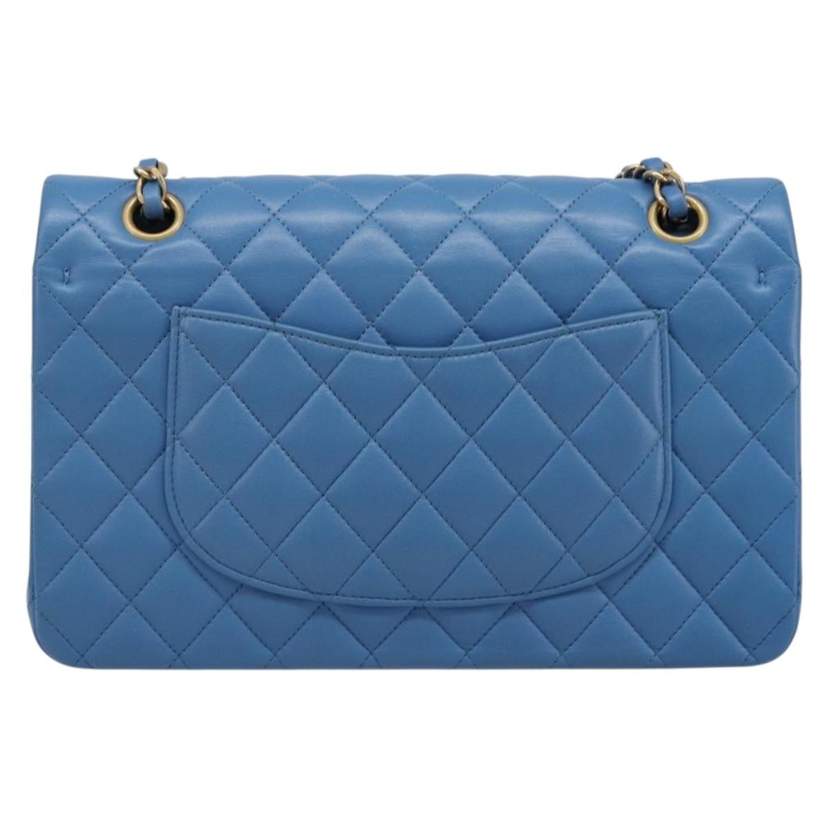 CHANEL Chain Double Flap Matelasse 25 Bag Lamb Skin Blue Gold CC Auth 187037SAM