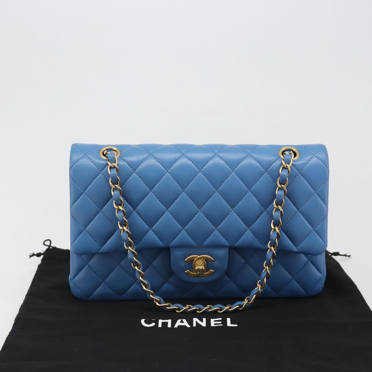 CHANEL Chain Double Flap Matelasse 25 Bag Lamb Skin Blue Gold CC Auth 187037SAM