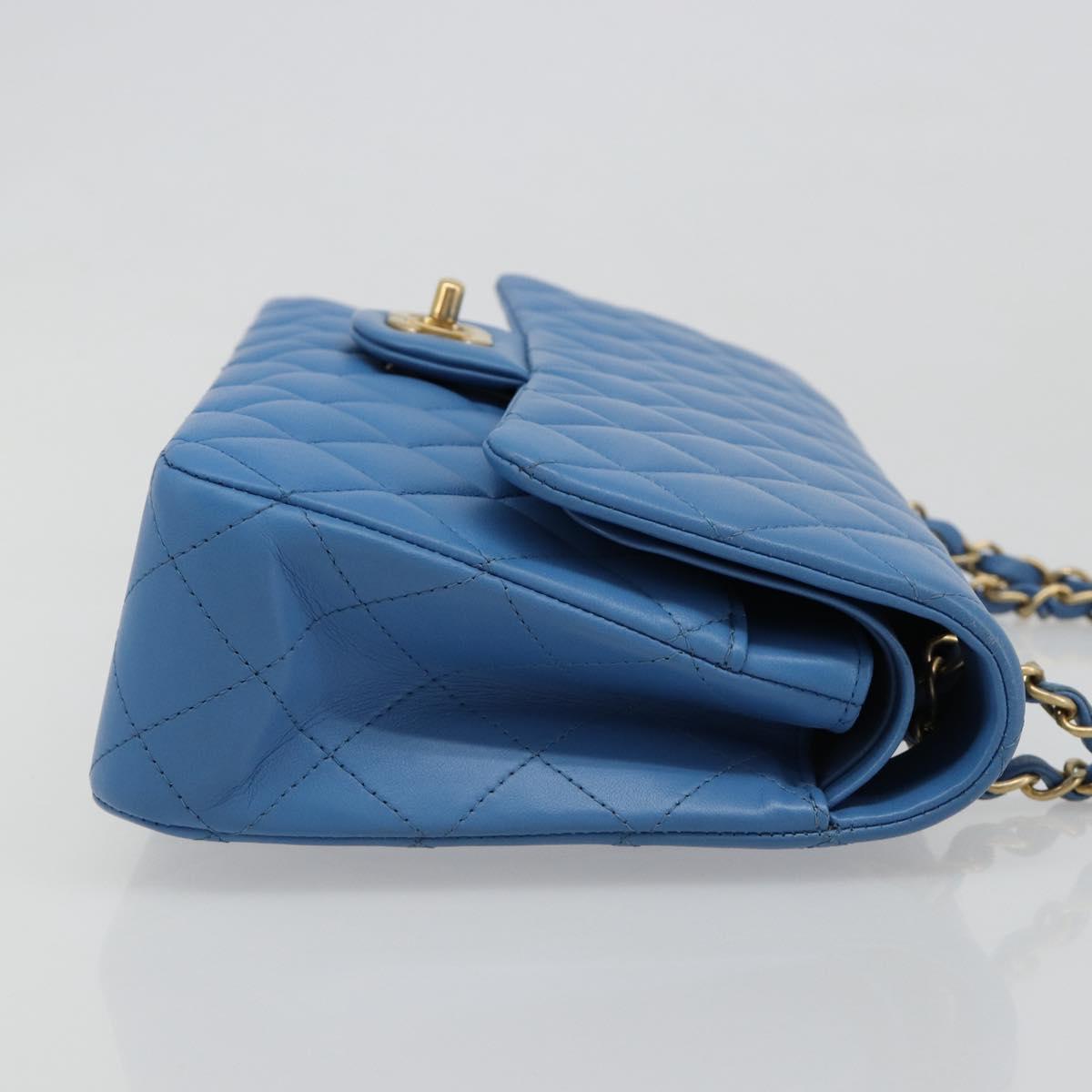 CHANEL Chain Double Flap Matelasse 25 Bag Lamb Skin Blue Gold CC Auth 187037SAM
