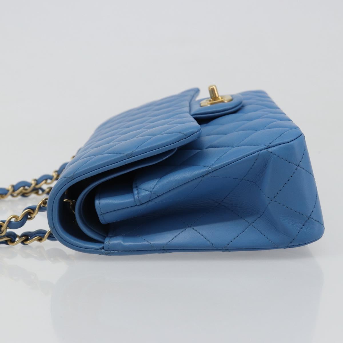 CHANEL Chain Double Flap Matelasse 25 Bag Lamb Skin Blue Gold CC Auth 187037SAM