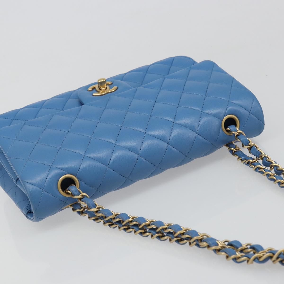 CHANEL Chain Double Flap Matelasse 25 Bag Lamb Skin Blue Gold CC Auth 187037SAM