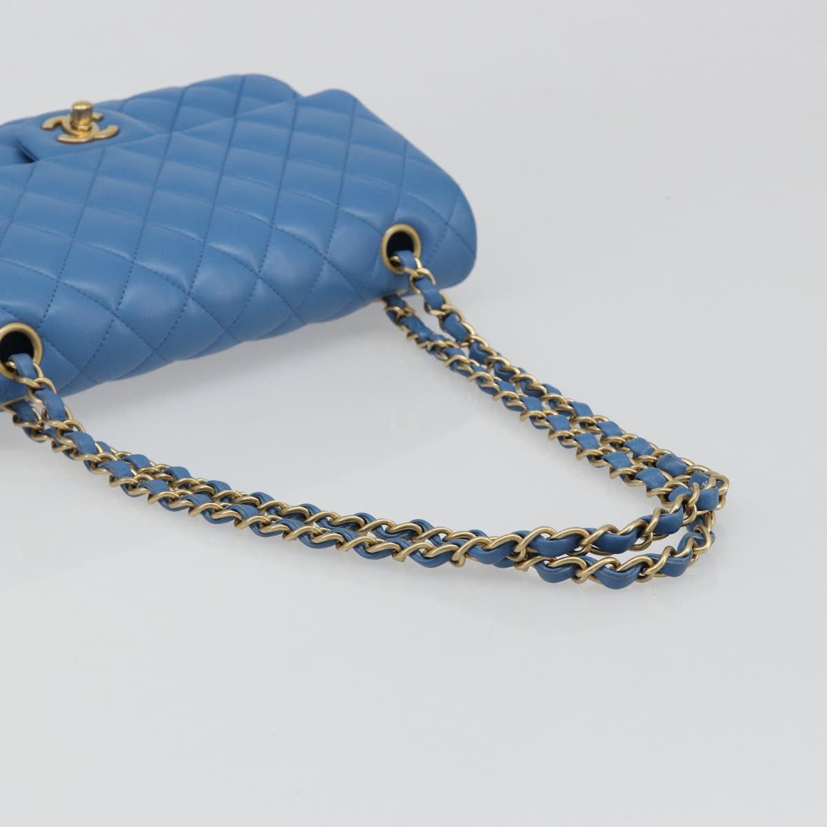 CHANEL Chain Double Flap Matelasse 25 Bag Lamb Skin Blue Gold CC Auth 187037SAM