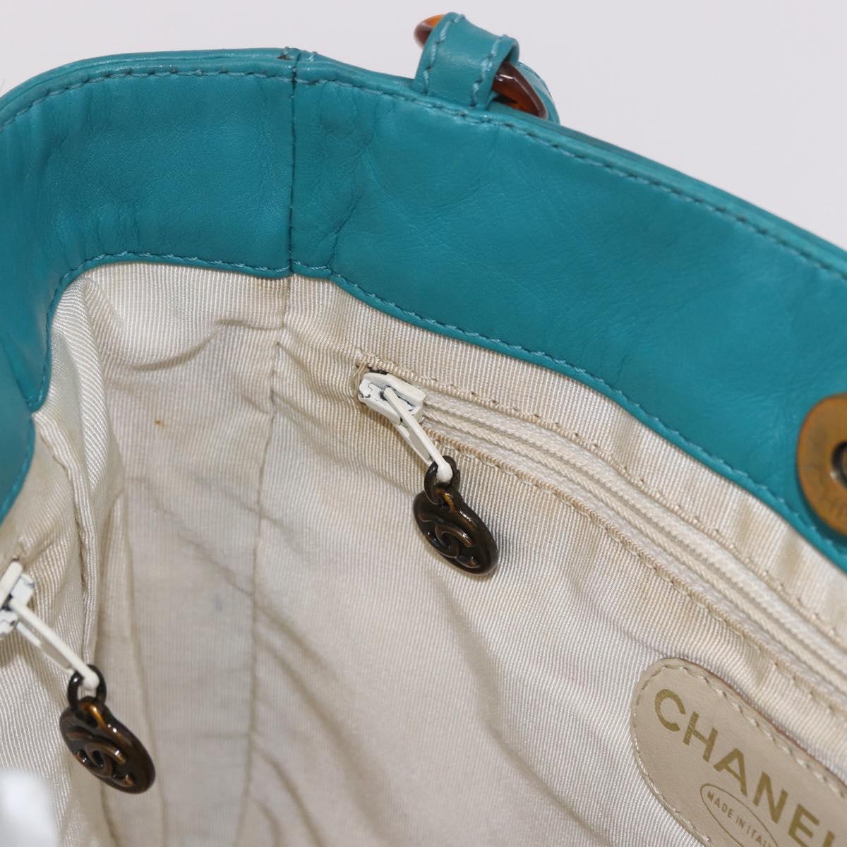 CHANEL Tortoise Pattern Chain Tote Bag Lamb Skin Turquoise Blue CC Auth 187038A