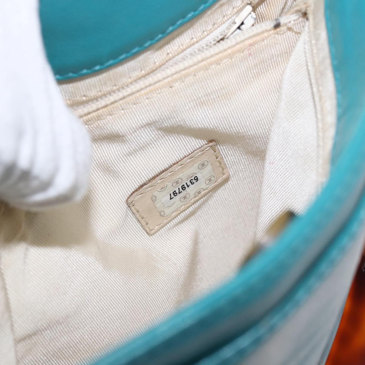 CHANEL Tortoise Pattern Chain Tote Bag Lamb Skin Turquoise Blue CC Auth 187038A