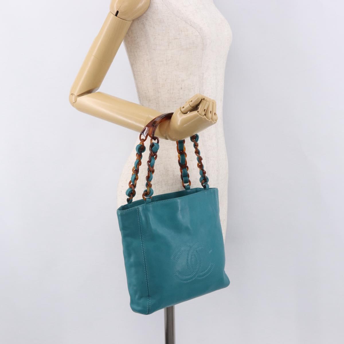 CHANEL Tortoise Pattern Chain Tote Bag Lamb Skin Turquoise Blue CC Auth 187038A