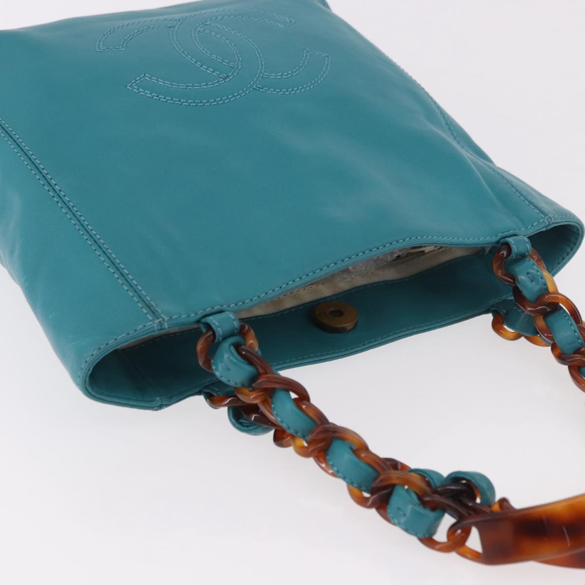 CHANEL Tortoise Pattern Chain Tote Bag Lamb Skin Turquoise Blue CC Auth 187038A