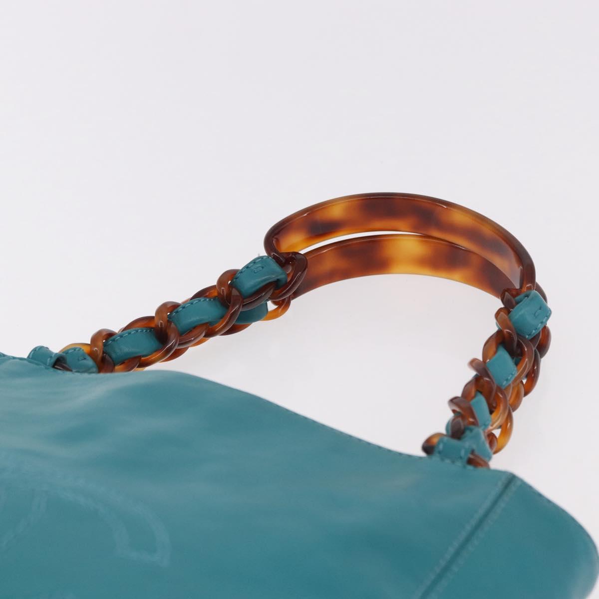 CHANEL Tortoise Pattern Chain Tote Bag Lamb Skin Turquoise Blue CC Auth 187038A