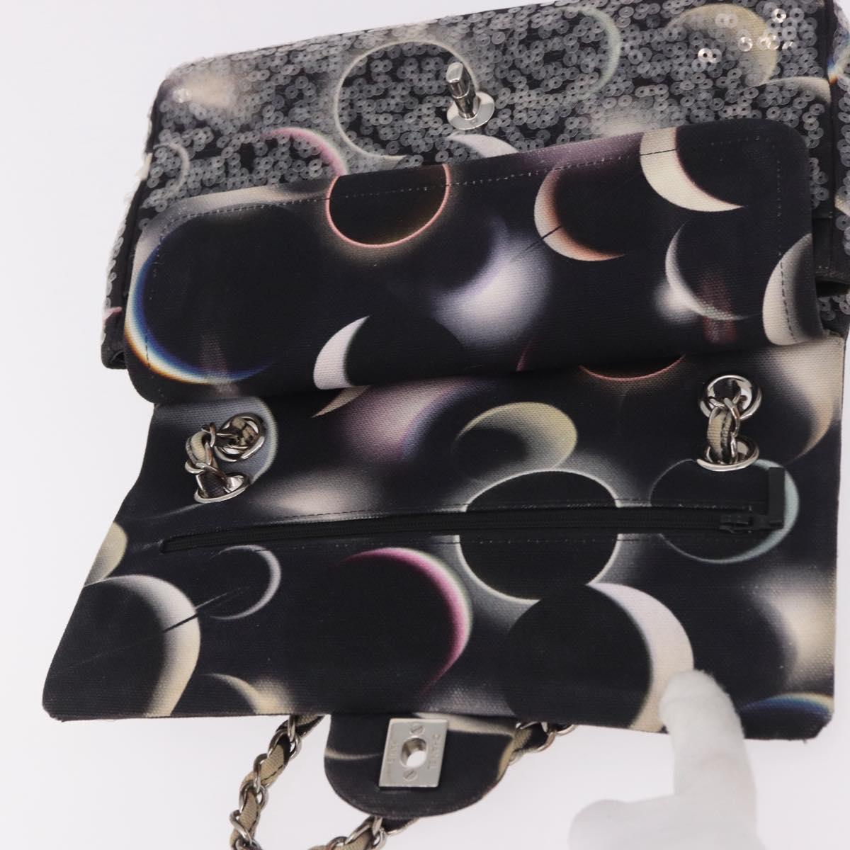 CHANEL Double Flap Chain Space Pattern Bag Canvas Black Silver CC Auth 187039SAM